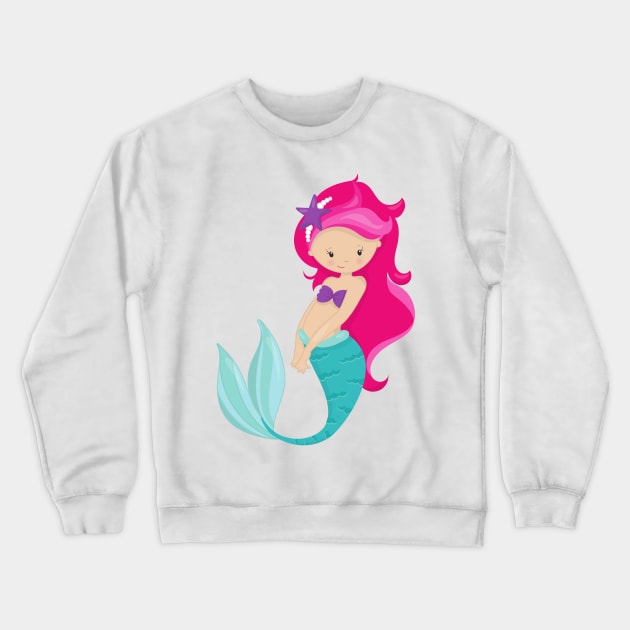 Cute Mermaid, Little Mermaid, Pink Hair, Star Crewneck Sweatshirt by Jelena Dunčević